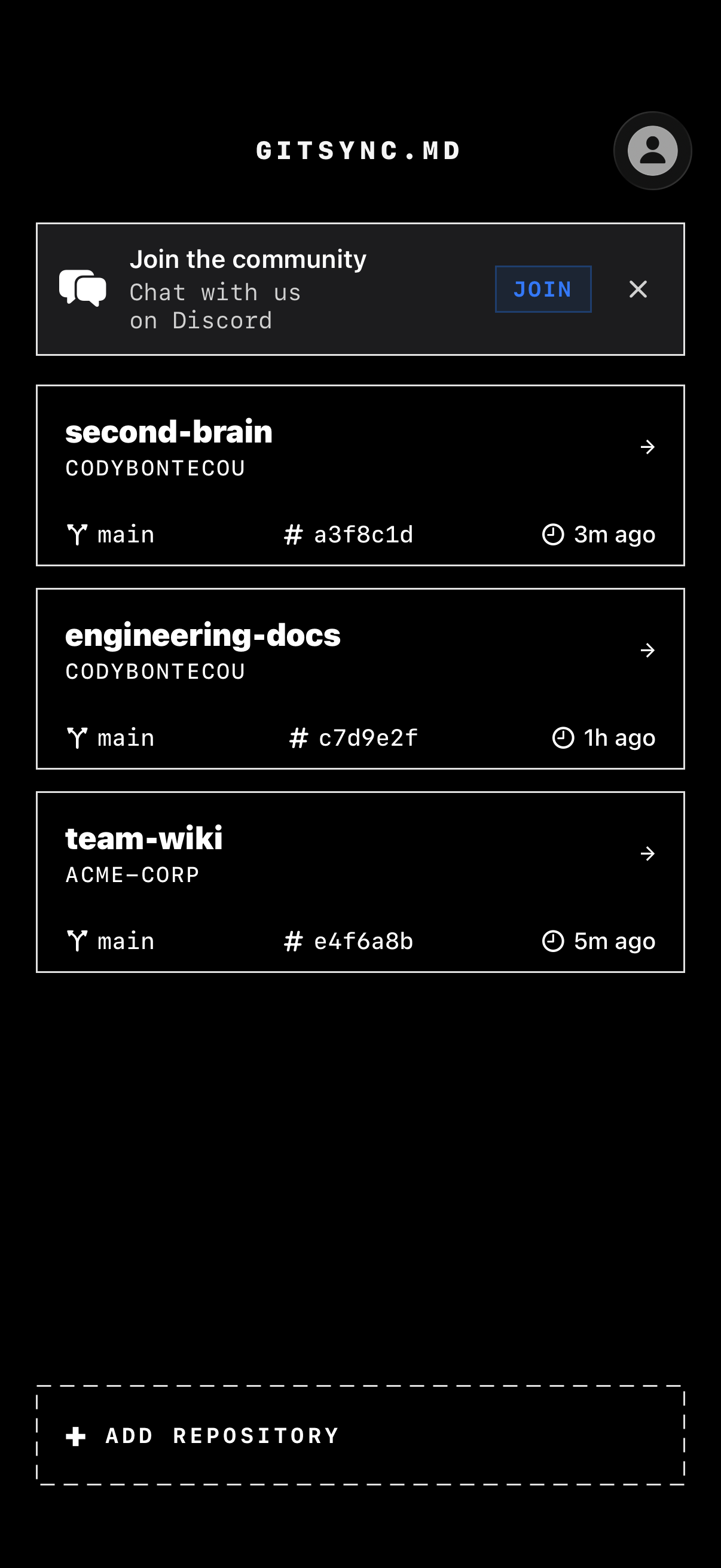 GitSync.md repository list showing cloned vault and documentation repositories