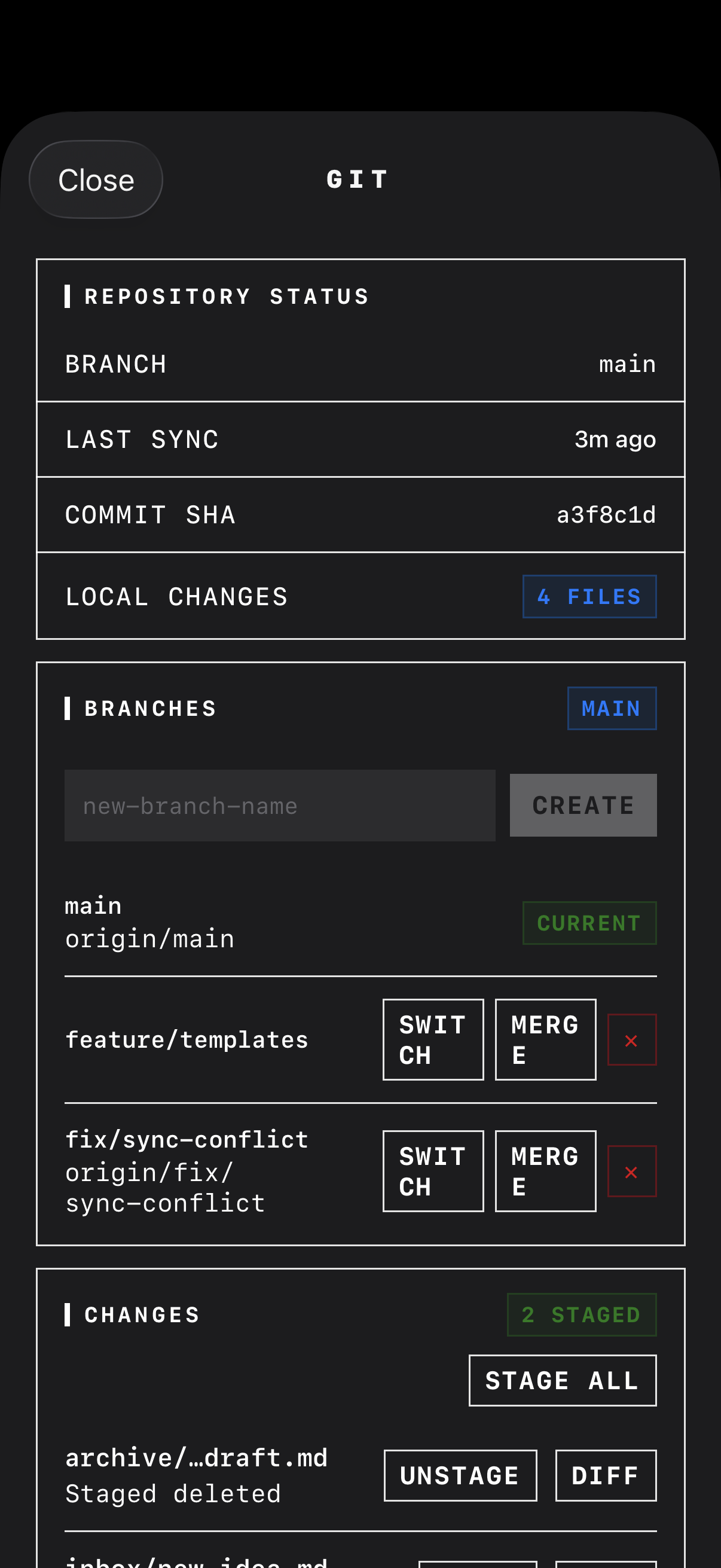 GitSync.md Git control sheet with repository status, branches, staged changes, stash, and tags