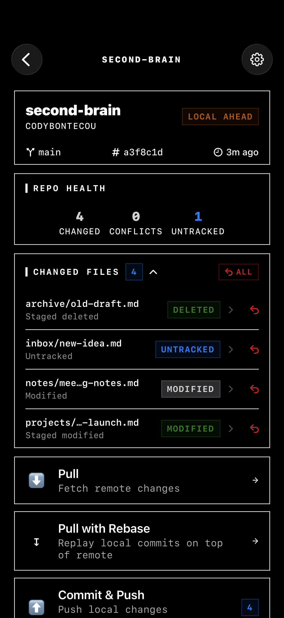 GitSync.md vault view with branch, commit, changed files, pull and commit actions