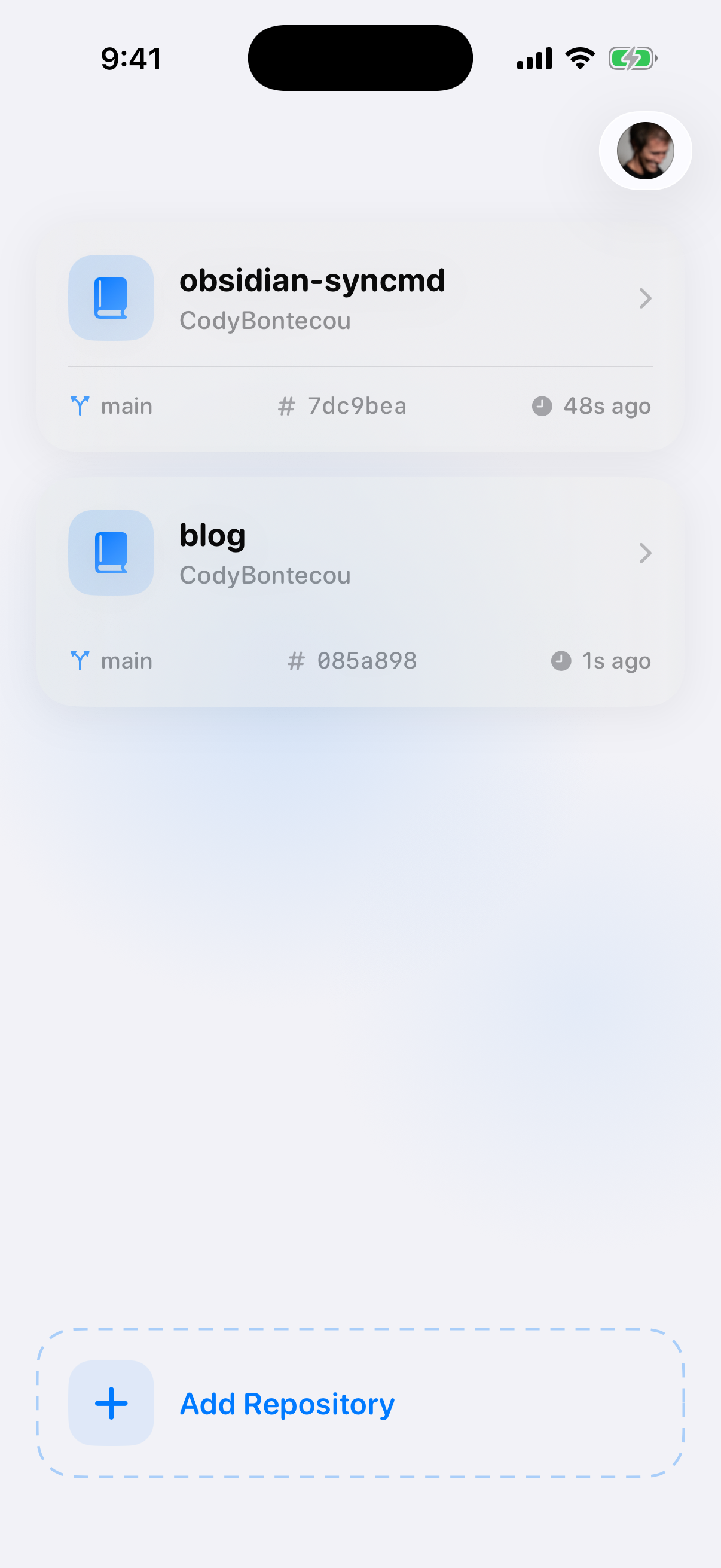 Sync.md home screen showing cloned repos